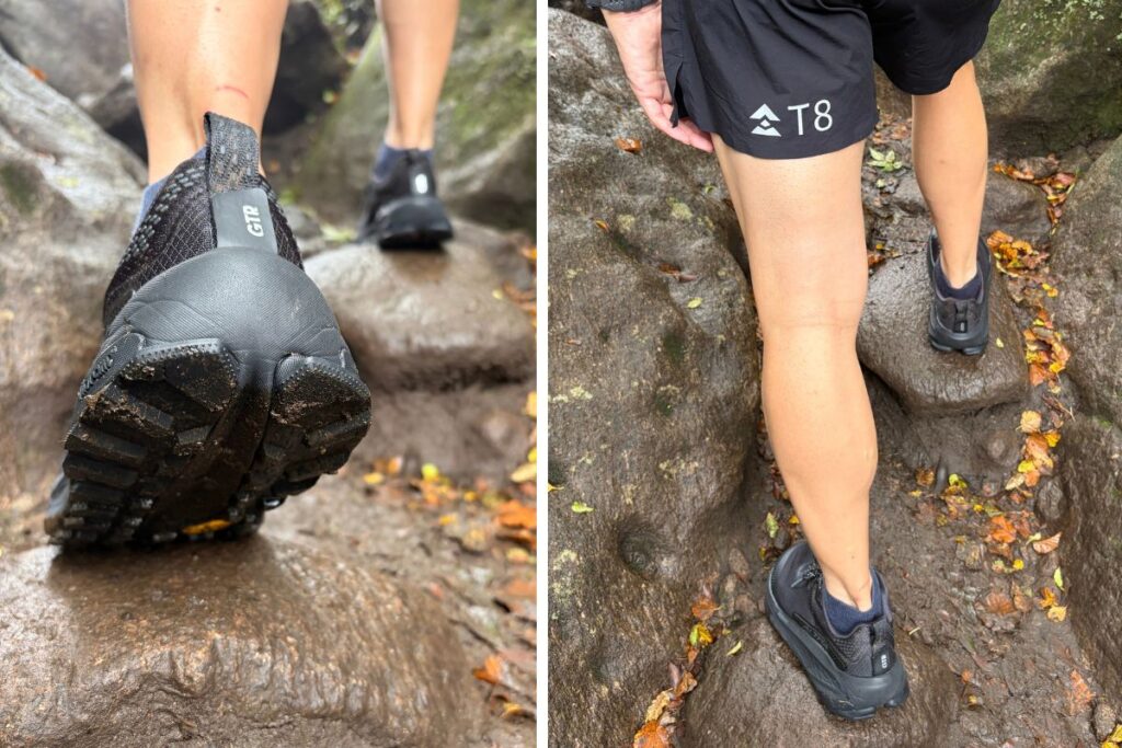 濡れた岩を登るALTRA OLYMPUS 7の足元と泥のついたアウトソール